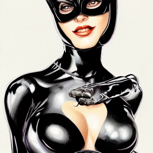 Prompt: Portrait of Catwoman, intricate upper body, whole body, highly detailed, digital painting, artstation, concept art, smooth, sharp focus, illustration, art by Hajime Sorayama