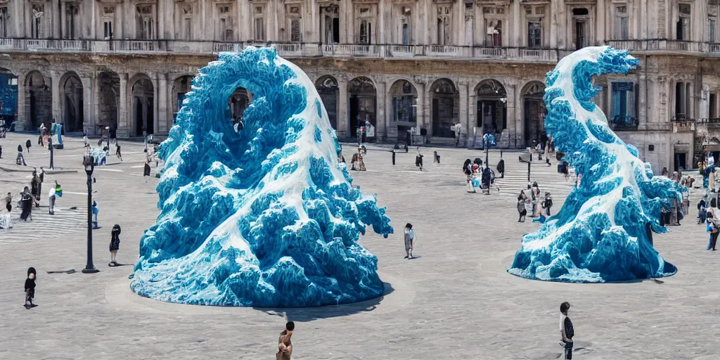 Image similar to A white and blue marble sculpture of The Great Wave off Kanagawa in the middle of an empty Italian piazza without people, midday, 4k photograph, sunny day, long shot