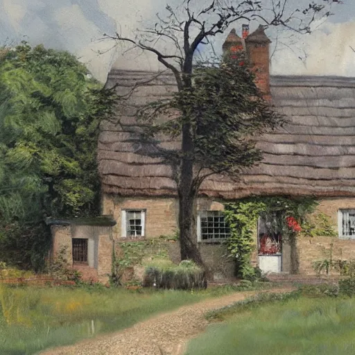 Image similar to Alex Ross and Sergio Bleda and Jérémy Petiqueux and Alex Maleev artwork of a 19th century english cottage