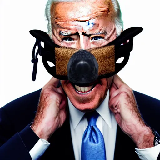 Image similar to uhd candid photo of joe biden wearing a dog muzzle, with accurate face, real dog muzzle, uhd, studio lighting, correct face, photo by annie leibovitz