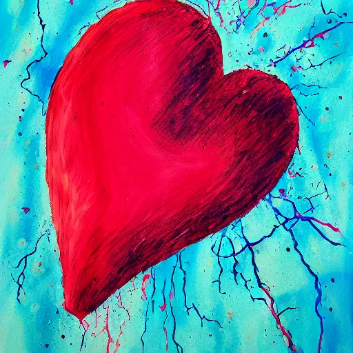 Prompt: a messy painting of a heart broken into smithereens