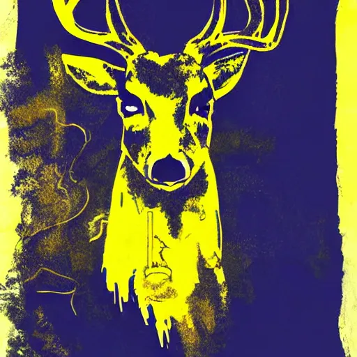 Prompt: deer smoking a cigarette, stylized, artistic, expressive, blue and yellow colors, thick brush strokes