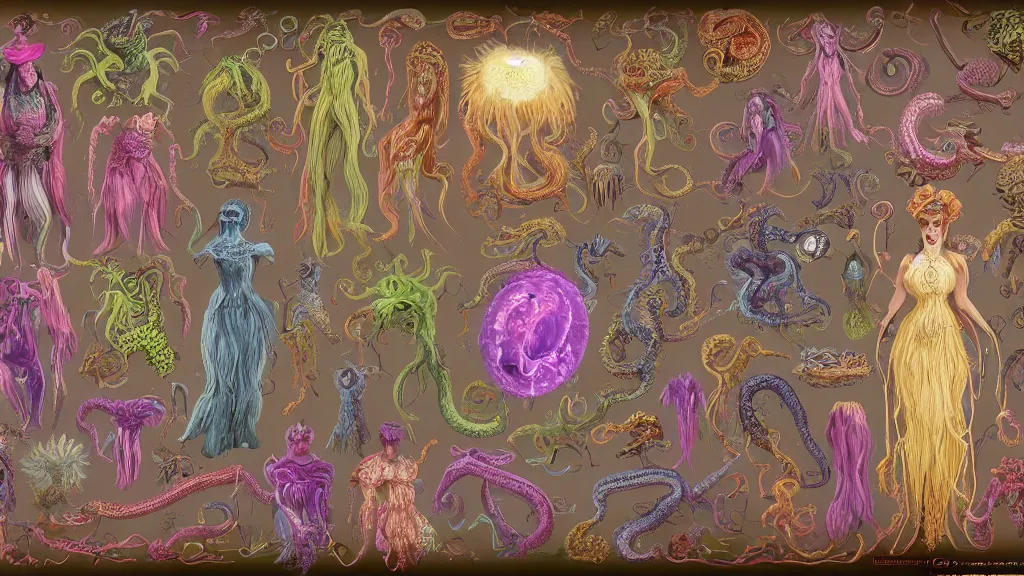 Prompt: highly detailed colorful character sheet for a stocky alien extraterrestrial victorian female servant maid with thick snake - like tentacles instead of hair, long dress with apron, ernst haeckel, jim henson creature shop, digital art, trending on artstation, hd, 8 k, good lighting, beautiful, rough paper, masterpiece