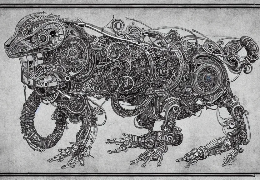 Prompt: spacious schematic blueprint of highly detailed ornate filigreed convoluted ornamented elaborate cybernetic rat standing in a white void, full body, character design, inside frame, art by da vinci