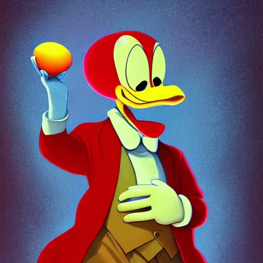 Image similar to An extremely psychedelic portrait of Scrooge McDuck from DuckTales holding egg, surreal, LSD, face, detailed, intricate, elegant, lithe, highly detailed, digital painting, artstation, concept art, smooth, sharp focus, illustration