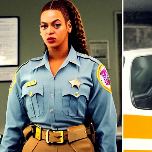 Image similar to Beyonce as a sheriff officer in the TV show stranger things