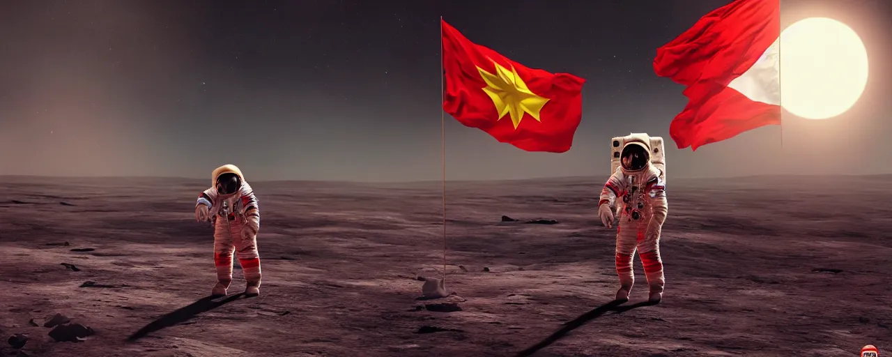 Prompt: an astronaut in red on white on yellow costume holding vietnam flag, standing on the moon, cinematic composition, concept art by greg rutkowski, cosmic background, octane render