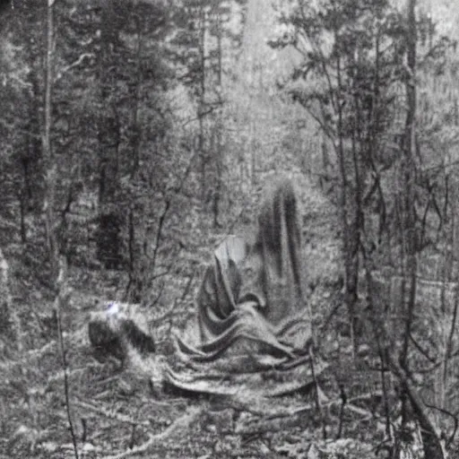 Image similar to scary unproportionally large ghost creature in the woods, 1900s picture