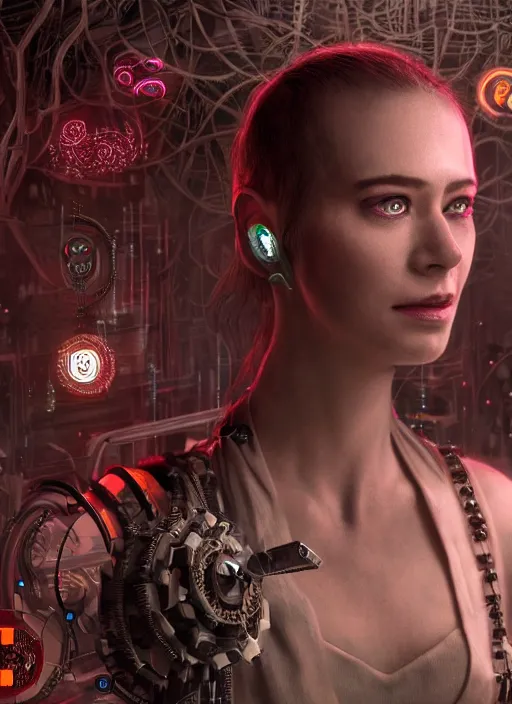 Prompt: 35mm portrait of intricate 7 of 9 borg with eye implant, on the background of a weird magical mechanical forest. Round gears visible inside her hear. Very detailed 8k. Fantasy cyberpunk horror. Sharp. Cinematic post-processing