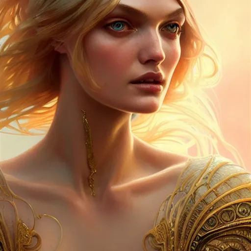 Image similar to beautiful lily donaldson, closeup, d & d, fantasy, intricate, elegant, highly detailed, digital painting, artstation, concept art, matte, sharp focus, illustration, art by artgerm and greg rutkowski and alphonse mucha