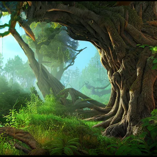 Image similar to warrior cats forest, unreal engine, cliff, cool, vines, sunrays