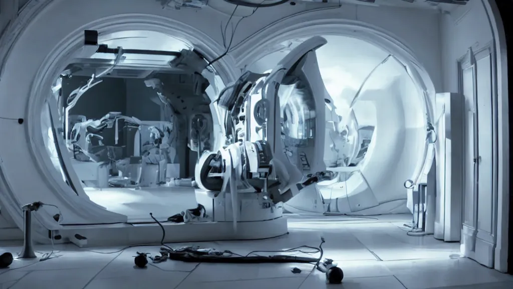 Image similar to an mri image open mri exposed uncovered machine portal in the living room, film still from the movie directed by denis villeneuve with art direction by salvador dali, wide lens