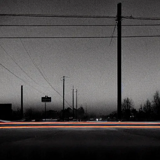 Image similar to A stunningly beautiful award-winning 8K high angle close up cinematic movie photograph of a spooky foggy empty lightless moonlit main intersection in an abandoned 1950s small town at night, by David Fincher and Darius Khonji. perfect composition, shot from roofline, moody low key backlit. Color palette from Seven, greens yellows and reds. 2 point perspective, high angle from 15 feet off the ground. Octane render