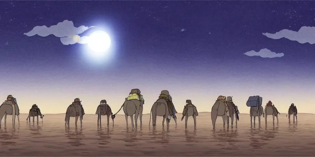 Prompt: a cell - shaded studio ghibli concept art of a silver hovering ufo shining a spotlight on a camel caravan in a flooded stonehenge desert road gas station on a misty starry night. very dull colors, hd, 4 k, hq