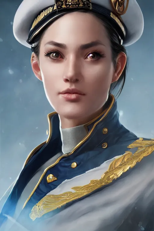 Prompt: beautiful portrait of a female officer wearing a fancy naval uniform, art by wlop and artgerm, science fiction, detailed eyes, spaceship interior, trending on artstation, sharp focus, illustration, caustics, octane render, 4 k, radiant light