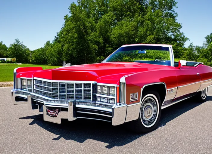 Prompt: epic front view of red 1975 cadillac eldorado convertible, sigma