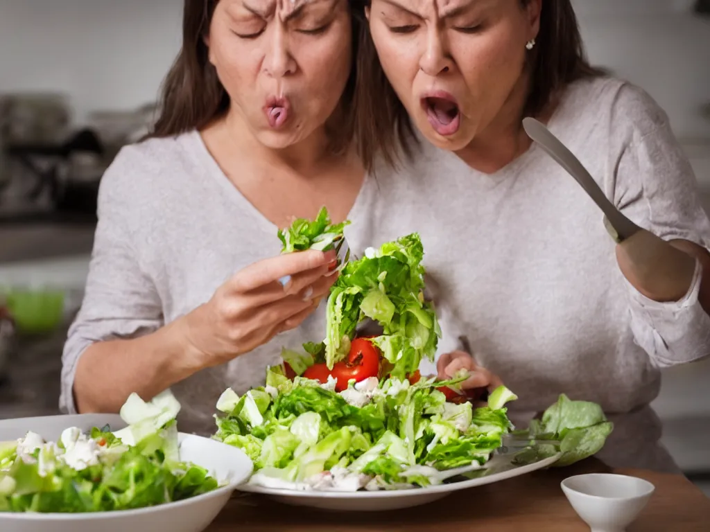 Prompt: an angry mother stabbing her salad, photo, 8K High Definition, highly detailed