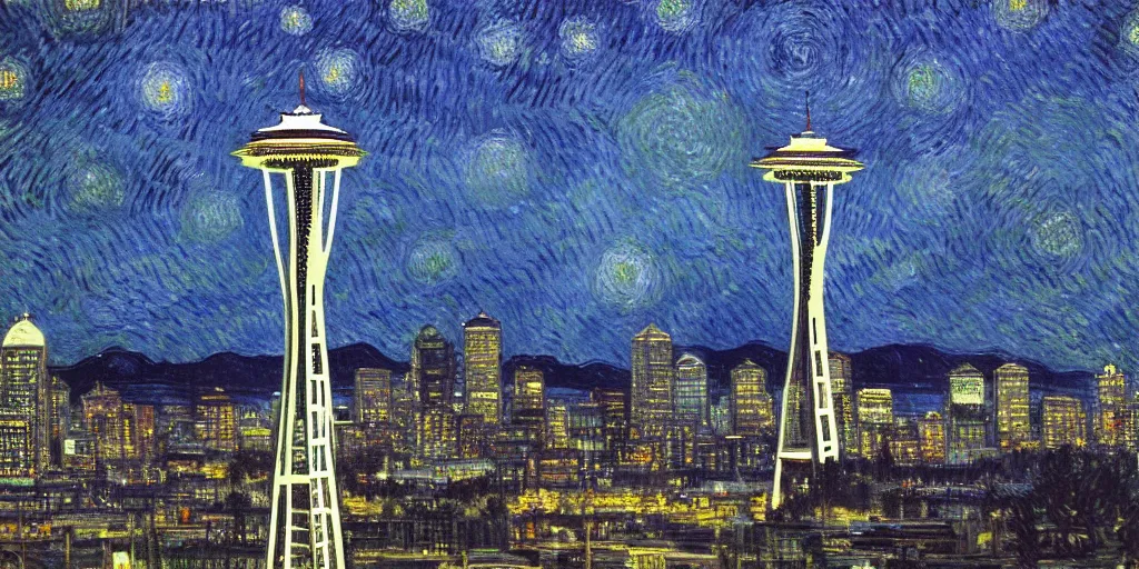Image similar to downtown Seattle at night, with Space Needle, by VanGogh, detailed