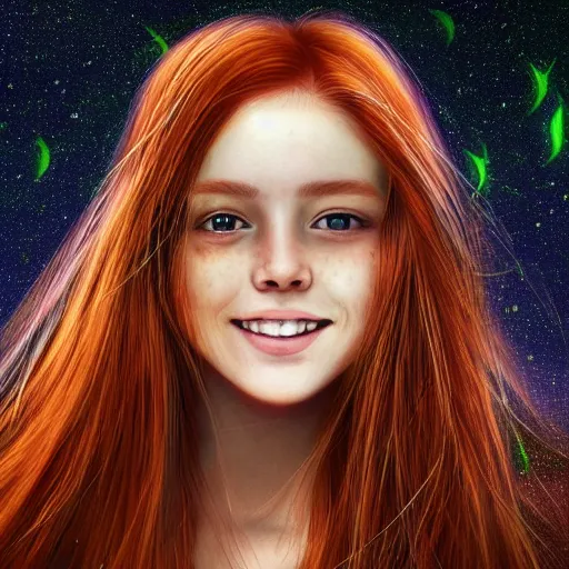 Prompt: highly detailed sharp wallpaper portrait of a red haired girl softly smiling among fireflies, with long hair, green eyes, round face, hint of freckles, intricate details, dramatic light, golden ratio, hyper realistic digital art