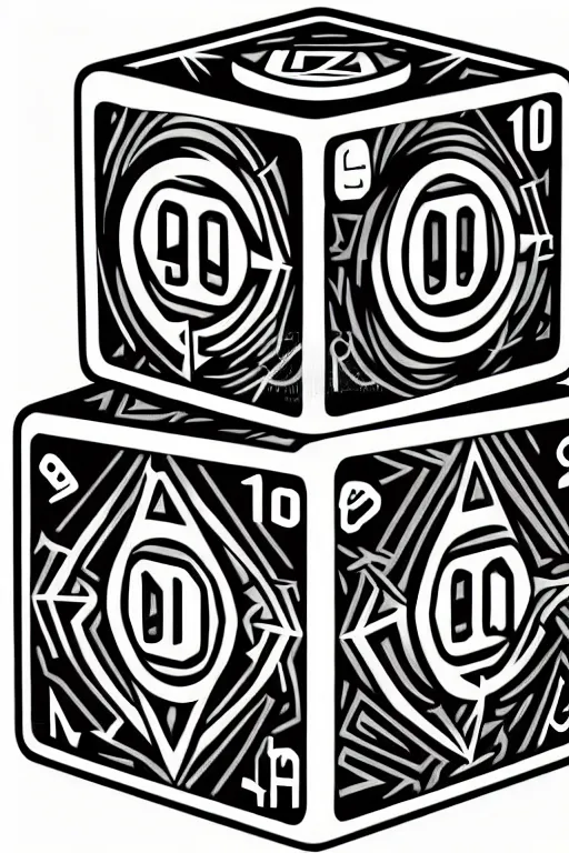 Prompt: d 2 0 dice, art by james o barr and dzo, woodblock print, black and white, vector, vector art