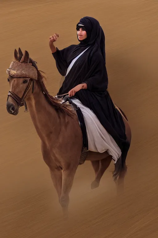 Prompt: hyperrealistic portrait from middle eastern burqa woman riding horse, with riffle in her chest, super highly detail, accurate boroque, without duplication content, white border frame, medium close up shot, justify content center, symmetrical, incrinate, cinematic, dust, award winning photos, vogue, shadow effect, luminate, sharp focus, realistic human