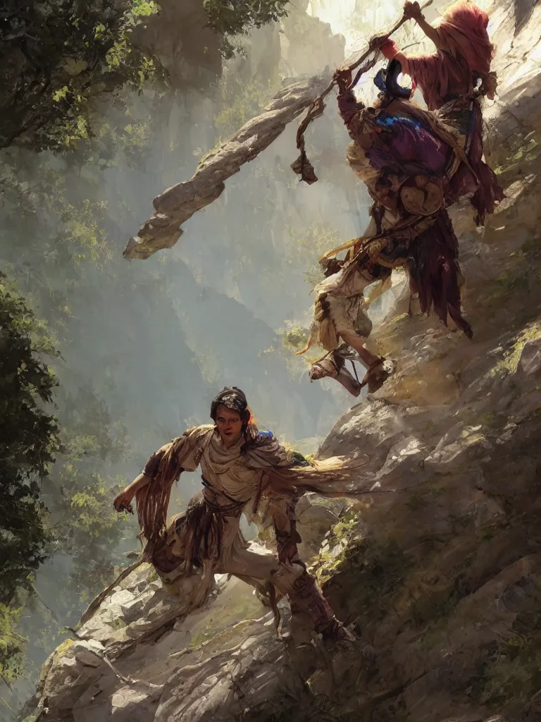 Image similar to oil art close - up view of one single young roma mage adventurer climbing down a cliffside in style of disco elysium character, gipsy jester character design from ravenloft, art by anders zorn, wonderful masterpiece by greg rutkowski, beautiful cinematic light, american romanticism by greg manchess, jessica rossier