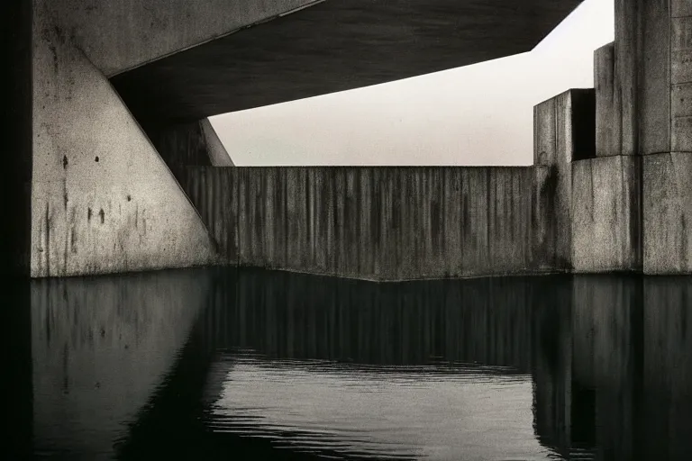 Image similar to an brutalist structure forming from the water, rainy day, beautiful lighting, high depth, ultra realistic, artistic, by annie leibovitz