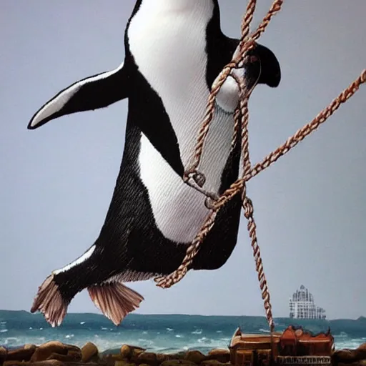 Image similar to realistic penguin sitting on a huge swing, hyper detailed, trending on artstation