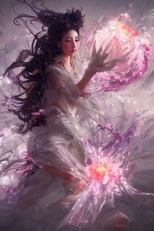 Image similar to beautiful girl necromancer, witch - doctor exploding into flowers fire crystal dress, angels, 3 d render, hyper - realistic detailed portrait, holding electricity and birds, ruan jia, wlop. scifi, fantasy, magic the gathering, hyper detailed, octane render, concept art by artgerm, peter mohrbacher