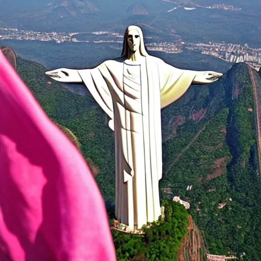 Prompt: 'Christ the Redeemer wearing a pink scarf'