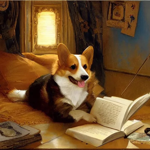 Image similar to a corgi reading a big book, highly detailed painting by gaston bussiere, craig mullins, j. c. leyendecker 8 k