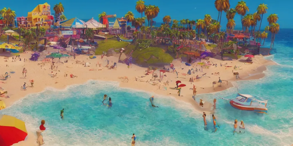 Prompt: a film still of a sunny and colourful beach scene in santa monica, los angelos, top shot, waist up, wes anderson, studio ghibli, pixar and disney animation, sharp, rendered in unreal engine 5, anime key art by greg rutkowski, bloom, dramatic lighting