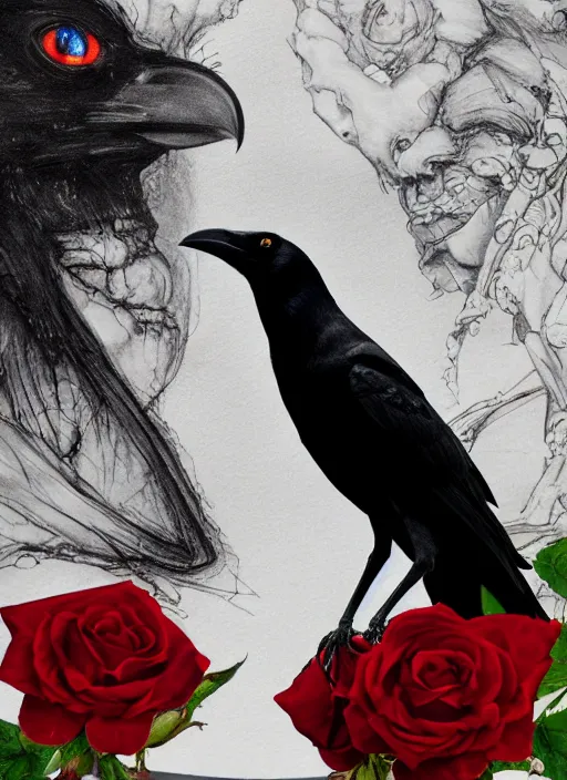 Image similar to portrait, A crow with red eyes in front of the full big moon, book cover, red roses, red white black colors, establishing shot, extremly high detail, foto realistic, cinematic lighting, pen and ink, intricate line drawings, by Yoshitaka Amano, Ruan Jia, Kentaro Miura, Artgerm, post processed, concept art, artstation, matte painting, style by eddie mendoza, raphael lacoste, alex ross