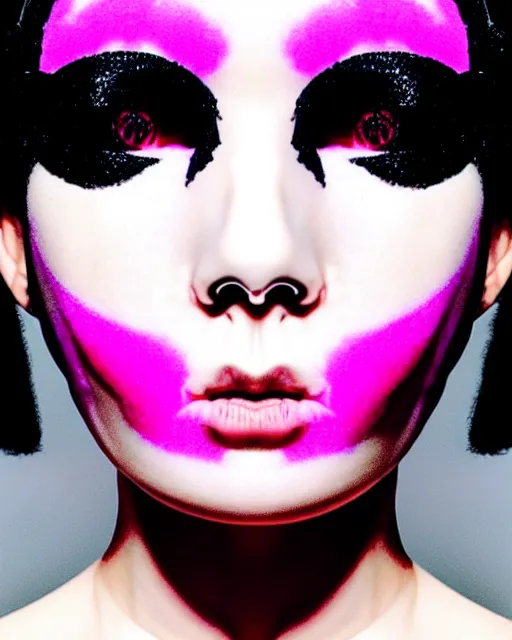 Prompt: symmetrical portrait of a woman face with pink frizzy hair, wearing a embroidered black mask by alexander mcqueen, bjork aesthetic, masterpiece, cyberpunk