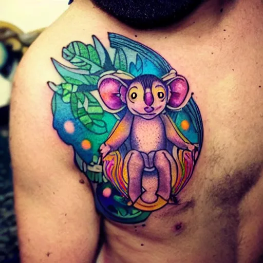 Image similar to shoulder tattoo of a multicolored hallucinating meditaing cute bush baby, eyes are rainbow spirals, happy mood, surrounded with colorful magic mushrooms and rainbow marihuana leaves, insanely integrate