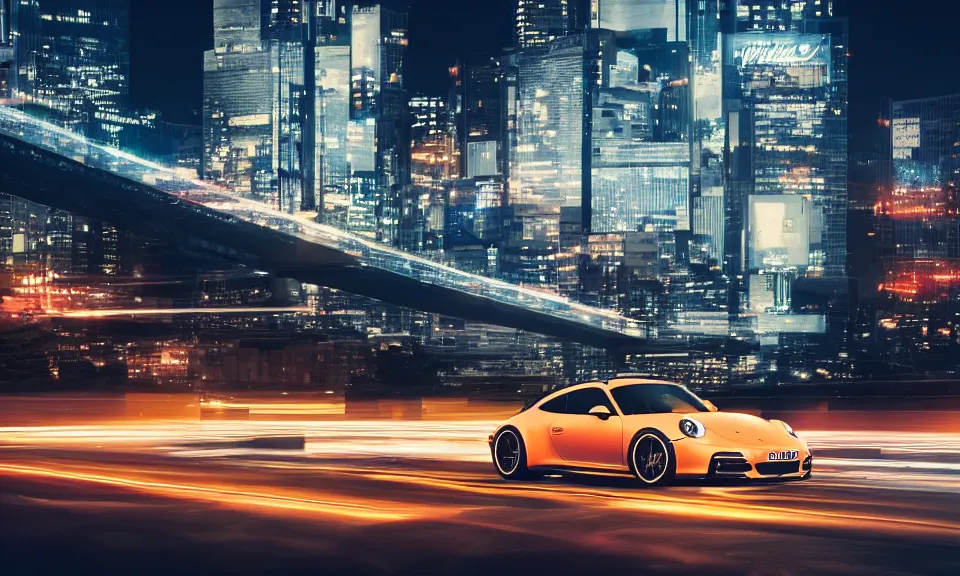 Image similar to photo of a porsche 911 at night drifting through a city, cinematic, 4k, long exposure photography, tokyo drift, fast and furious, film still, night photography, motion blur, lens flare, movie shot, light trail, distortion, wide angle, reflections