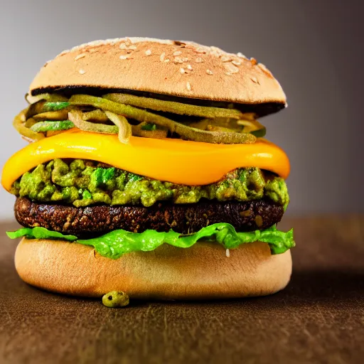 Image similar to vegan hamburger with guacamole and crispy fried onion and fried egg toppings, crispy buns, 8 k resolution, studio lighting, sharp focus, hyper - detailed