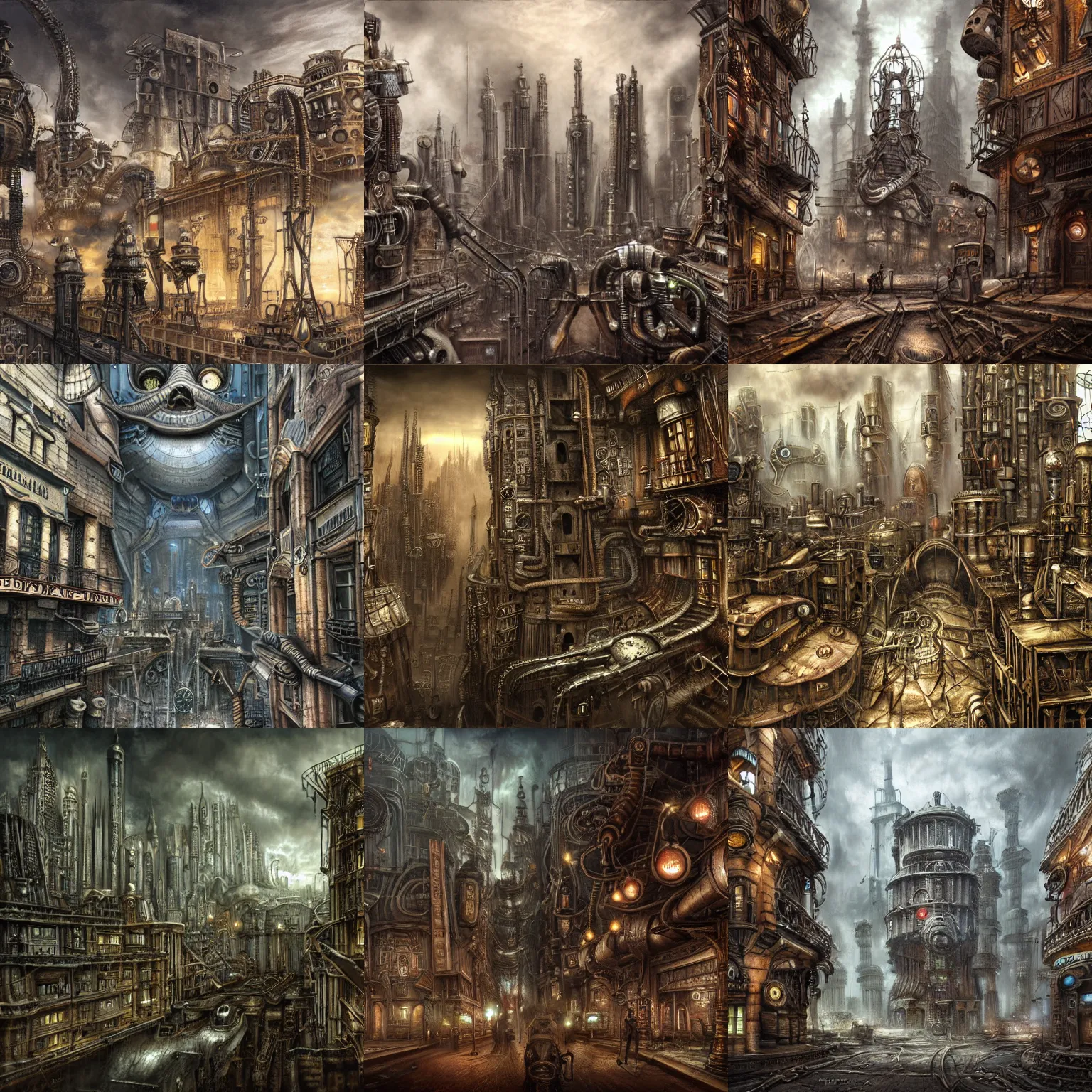 Prompt: a steampunk city in the style of H. R. Giger, realistic painting, high definition, digital art, matte painting, very detailed, realistic
