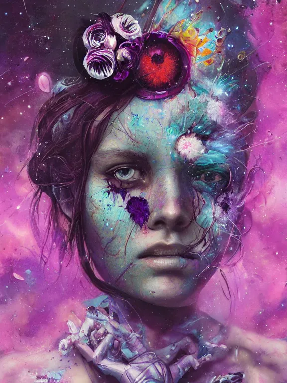 Image similar to art portrait of space decaying girl with purple eyes, with flower exploding out of head,8k,by tristan eaton,Stanley Artgermm,Tom Bagshaw,Greg Rutkowski,Carne Griffiths,trending on DeviantArt,face enhance,hyper detailed,minimalist,cybernetic, android, blade runner,full of colour