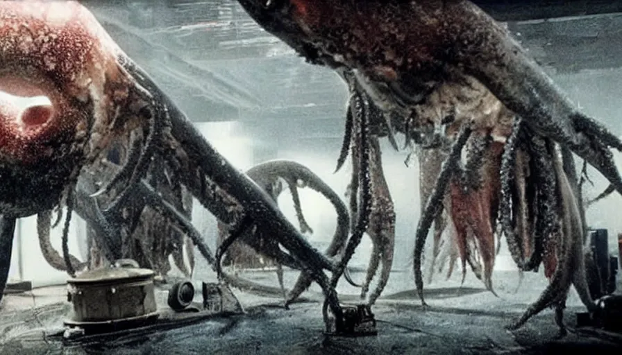 Prompt: Big budget horror movie about androids and a giant squid eating a drum of nuclear waste