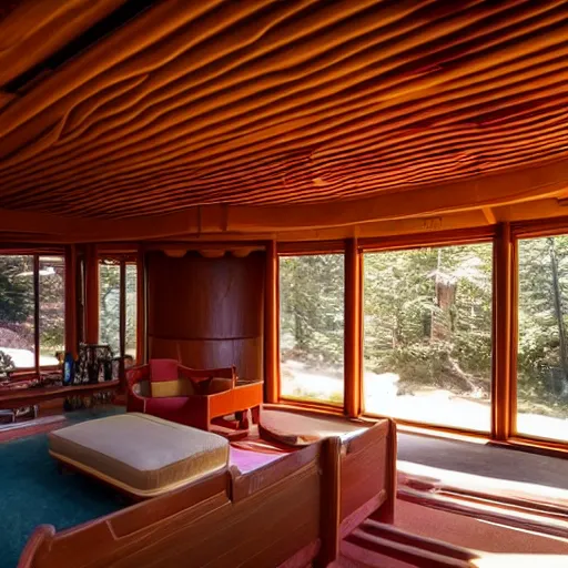 Prompt: interior of a Psychedelic Solarpunk frank lloyd wright house in the redwoods on a sunny day