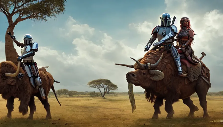 Prompt: mandalorian riding a buffalo alone, madagascar with baobabs trees in the background, action scene, an epic fantasy, artgerm and greg rutkowski and alphonse mucha, an epic fantasy, volumetric light, detailed, establishing shot, cinematic, photorealistic, hyper detailed, ultra realistic, trending on art station, octane render, midsommar