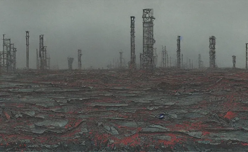 Prompt: industrial devastation abandoned factories oil field post - apocalyptic dusk wasteland irradiated contaminated, beksinski, saturated