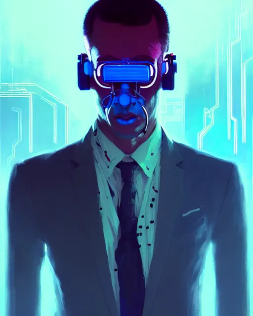 Image similar to cyberpunk synth, hyper - realistic portrait of a man in a suit with detailed background, cyberpunk, intricate, digital painting, by atey ghailan, by greg rutkowski, by greg tocchini, by james gilleard, by joe fenton, by kaethe butcher, dynamic lighting, gradient light blue, lighting color scheme, sharp focus, grunge aesthetic