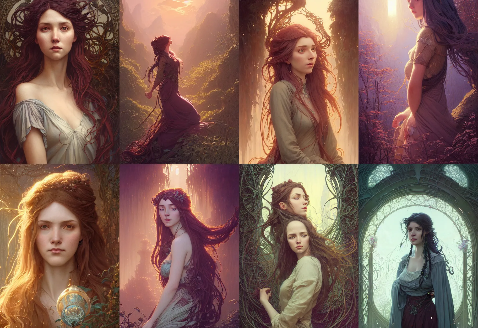 Image similar to highly detailed portrait of a woman with long hairs, stephen bliss, unreal engine, fantasy art by greg rutkowski, art nouveau, loish, rhads, ferdinand knab, makoto shinkai and lois van baarle, ilya kuvshinov, rossdraws, tom bagshaw, alphonse mucha, global illumination, radiant light, detailed and intricate environment