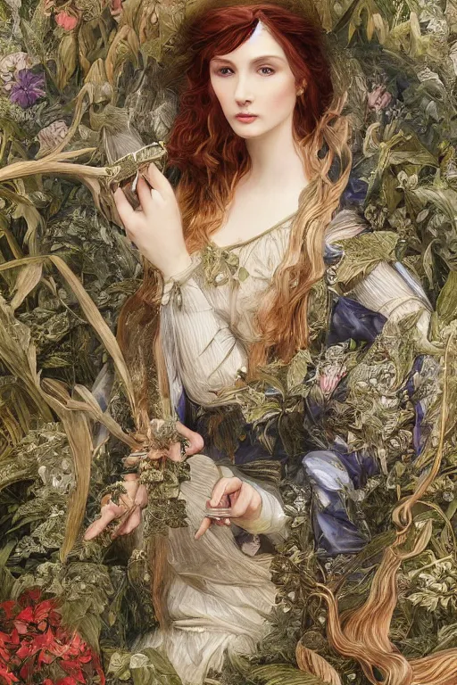 Image similar to An extremely beautiful pre-raphaelite ornate portrait of a very beautiful and cute witch, surreal, ultradetailed, intricate, elegant, digital art painting, concept art, smooth, sharp focus, poster art, art cover illustration, regal, award winning picture, extremely detailed masterpiece, sense of awe, featured on artstation, Artgerm, effervescent punk kawaii-noir pastel bubbles, winning award piece, ethereal rainbows, Aetherpunk, low-key neon lightning, stormy weather, Exquisite floral details, 8K detail post-processing, matte, oil painting