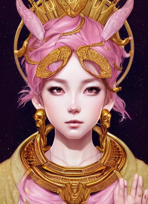 Prompt: dreamlike luxury stunning zodiac aquarius god portrait, pale pink and gold kimono, art by artgerm, wlop, loish, ilya kuvshinov, 8 k realistic, hyperdetailed, beautiful lighting, detailed background, depth of field, symmetrical face, frostbite 3 engine, cryengine,