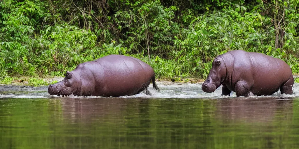 Image similar to a single hippo in a river in the jungle. the hippo has large wings. extremely high fidelity, natural lighting