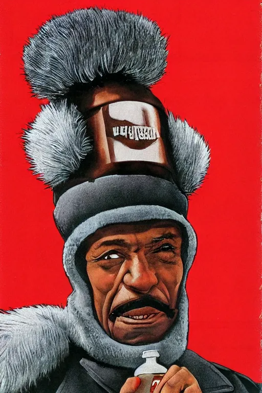 Prompt: gray fur hat soviet soviet russian winter fur cap with earflaps ushanka poster the movie 1 9 8 8 ussr don't be a menace to south central while drinking your juice in the hood, perfect symmetrical eye, soviet russian winter fur cap with earflaps ushankas vodka kremlin babushka communist