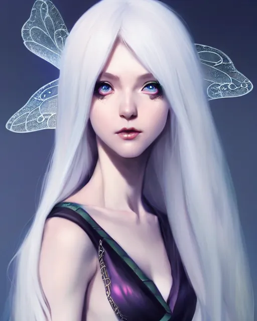 Image similar to character concept art of a white haired young gorgeous female fairy mage | | distinct - fine, key visual, realistic shaded perfect face, fine details by stanley artgerm lau, wlop, rossdraws, james jean, andrei riabovitchev, marc simonetti, sakimichan, and jakub rebelka, trending on artstation